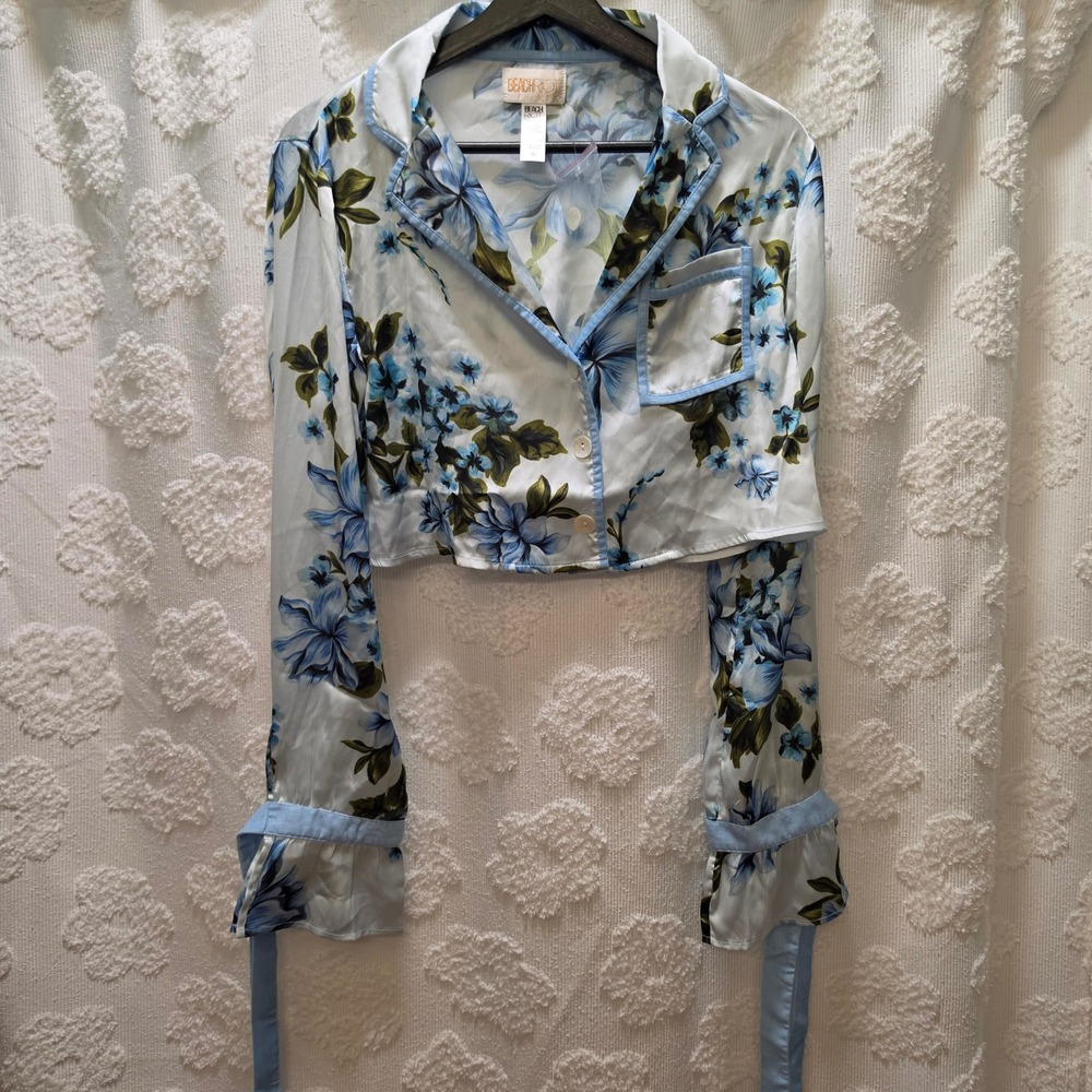 Beach Riot Floral Cropped Pajama Top Blue Satin Long Sleeve Tie Cuff Medium NWOT